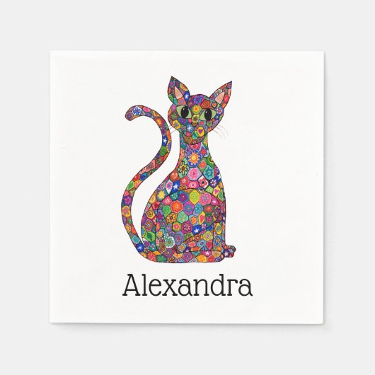 Kleurrijke grillige bloem Mozaïek Kat Monogram Naa Servetten (Voorkant)