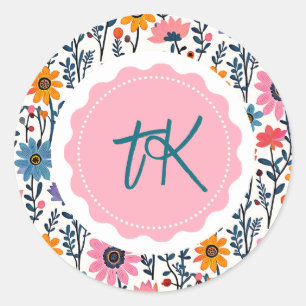 Kleurrijke grillige Folk Art Floral Monogrammed Ronde Sticker