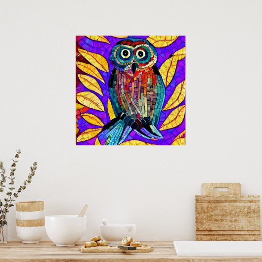Kleurrijke grillige mozaïek Uil Art Poster (Keuken)