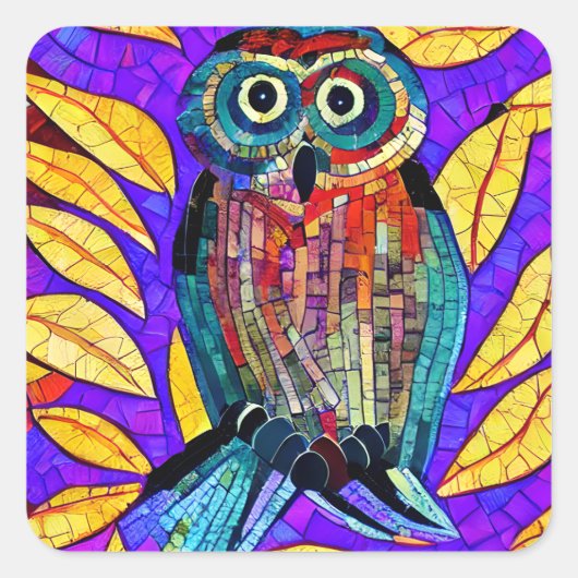 Kleurrijke grillige mozaïek Uil Art Vierkante Sticker (Voorkant)