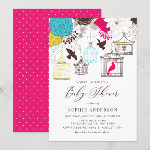 Kleurrijke grillige vogelkooien Baby shower Kaart