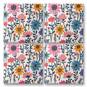 Kleurrijke grillige volkskunst Bloemen Tegeltje