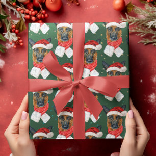 Kleurrijke Groene Sterren Duitse Herdershond Kerst Cadeaupapier