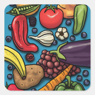 Kleurrijke groenten en fruit op blauw vierkante sticker