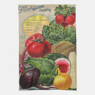 Kleurrijke groenten in oude zaadcatalogus  theedoek