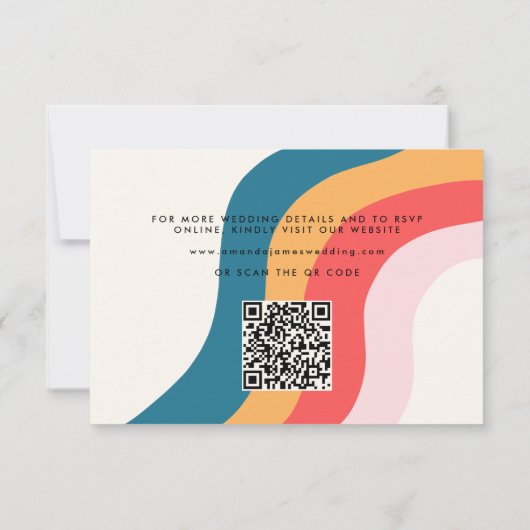 Kleurrijke Groovy Retro 70s Bruiloft QR Code RSVP Kaartje (Achterkant)