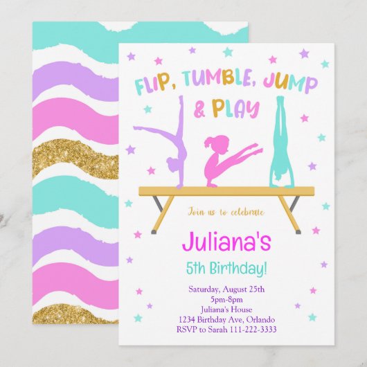 Kleurrijke Gymnastische Verjaardag Uitnodiging (Voorkant / Achterkant)