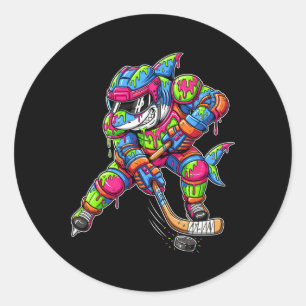 Kleurrijke Haaien Hockey Ijs Drip Speler  Ronde Sticker