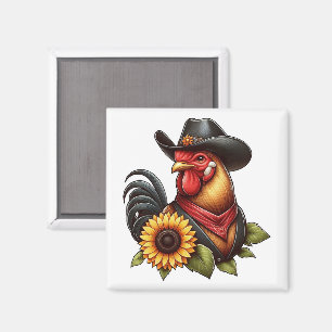 Kleurrijke Haan in Cowboyhoed met Zonnebloem Magneet