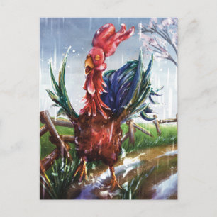 Kleurrijke Haan in Lente Regen Kunst Ansichtkaart Briefkaart
