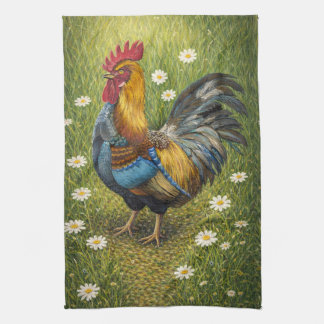 Kleurrijke Haan in Madeliefweide Keukenhanddoek