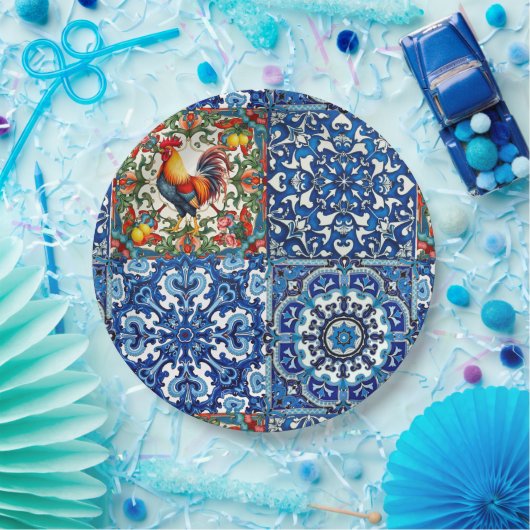 Kleurrijke haan, Mediterraan, mozaïek, citroen, Papieren Bordje (Feest)