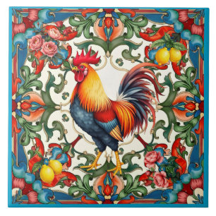 Kleurrijke haan, Mediterraan, mozaïek, citroen, Tegeltje