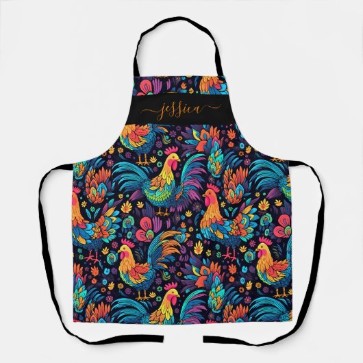 Kleurrijke haan patroon script naam schort (Voorkant)