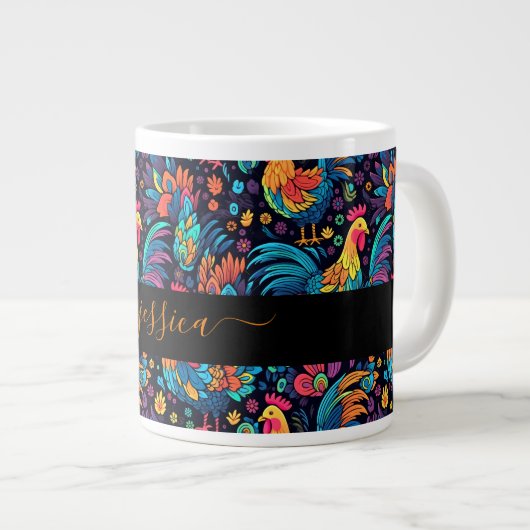 Kleurrijke haan patroon scriptnaam extra grote beker (Voorkant rechts)