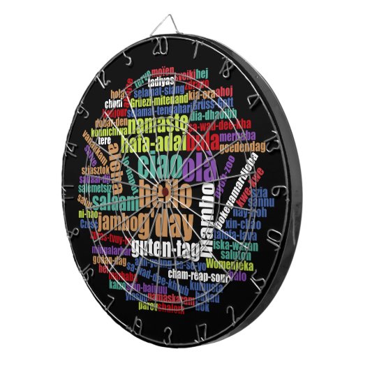 Kleurrijke Hallo in veel talen Word Cloud Dartbord (Voorkant Rechts)