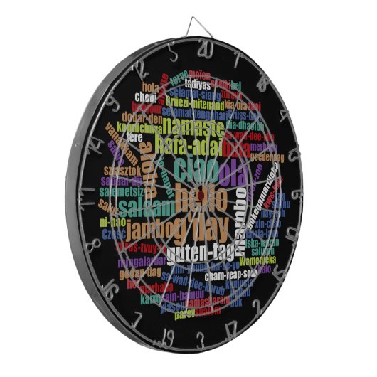 Kleurrijke Hallo in veel talen Word Cloud Dartbord (Voorkant Links)