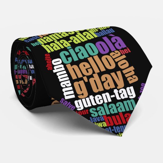 Kleurrijke Hallo in veel talen Word Cloud Stropdas (Opgerold)