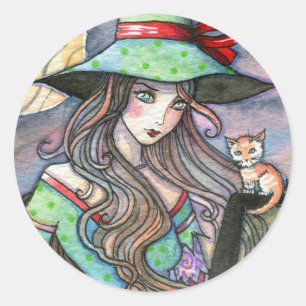 Kleurrijke Halloween-heks en tabby poes stickers