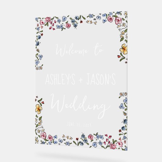 Kleurrijke hand getrokken bloemen Bruiloft welkom Acryl Bord (Hoek)