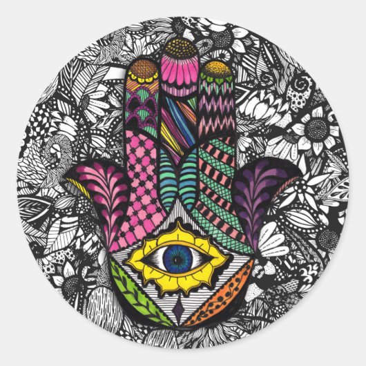 Kleurrijke Hand getrokken Hamsa Hand en Bloemen Te Ronde Sticker (Voorkant)