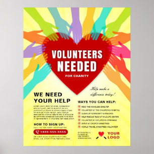 Kleurrijke handen vrijwilligers nodig voor goede d poster