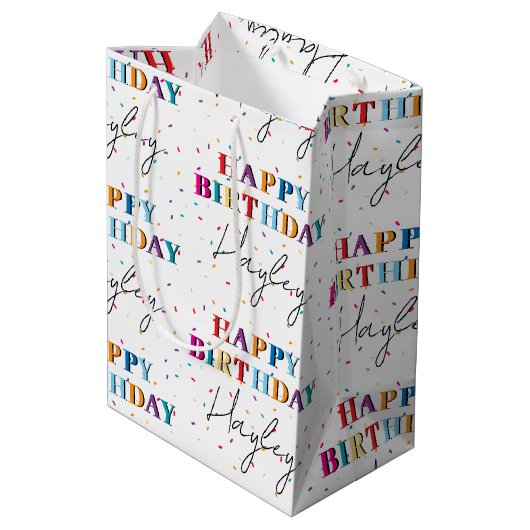 Kleurrijke Happy Birthday Custom Name Confetti Medium Cadeauzakje (Achterkant Gekanteld)