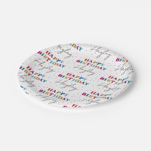 Kleurrijke Happy Birthday Custom Name Confetti Papieren Bordje (Gekanteld)
