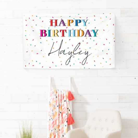 Kleurrijke Happy Birthday Custom Name Confetti Spandoek (Insitu)