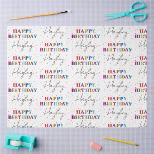 Kleurrijke Happy Birthday Custom Name Confetti Tissuepapier (Craft)