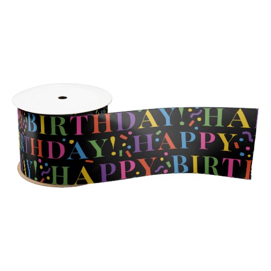 Kleurrijke Happy Birthday Text Confetti op zwart Lint (Spoel)
