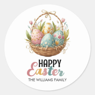 Kleurrijke Happy Easter Egg Basket Waterverf Ronde Sticker