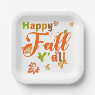Kleurrijke Happy Herfst Y'all met herfstbladeren Papieren Bordje