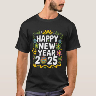 Kleurrijke Happy New Year 2025 Typography Art T-shirt