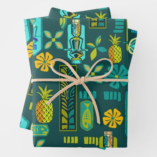 Kleurrijke Hawaïaanse Tiki en Vis Inpakpapier Vel (In situ)