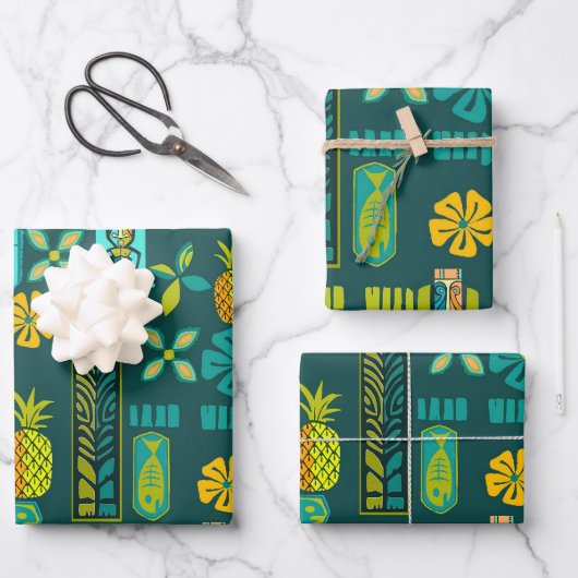 Kleurrijke Hawaïaanse Tiki en Vis Inpakpapier Vel (Voorkant)