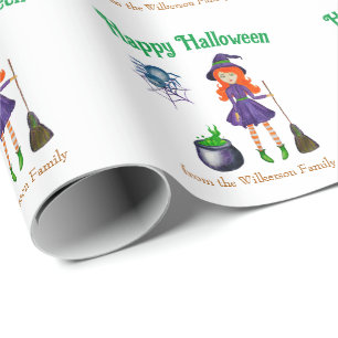 Kleurrijke heks en spin aangepaste naam Halloween Cadeaupapier