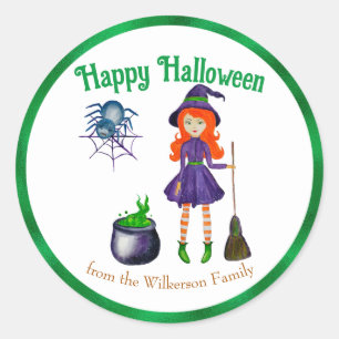 Kleurrijke Heks en Spin Aangepaste Naam Halloween Ronde Sticker