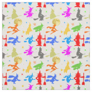 Kleurrijke heks in de vlucht. Halloween Pattern Stof