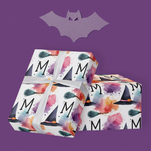 Kleurrijke heks Pet bezemsteel Halloween Waterverf Cadeaupapier