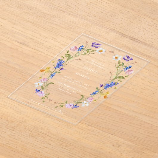 Kleurrijke Heldere Boho Bloemenkrans | Bruiloft Acryl Uitnodigingen (Laagn)