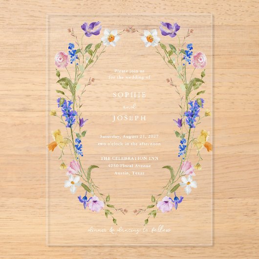 Kleurrijke Heldere Boho Bloemenkrans | Bruiloft Acryl Uitnodigingen (Voorkant)