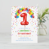 Kleurrijke Heldere Confetti Ballonnen 1e Verjaarda Kaart (Staand voorkant)