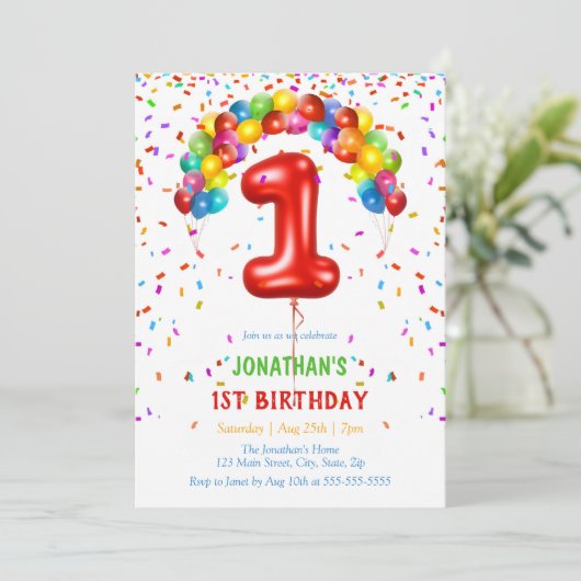Kleurrijke Heldere Confetti Ballonnen 1e Verjaarda Kaart (Staand voorkant)