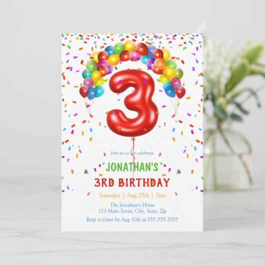 Kleurrijke Heldere Confetti Ballonnen 3e Verjaarda Kaart (Staand voorkant)