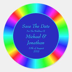 Kleurrijke, heldere regenboogbruiloft bespaart de  ronde sticker