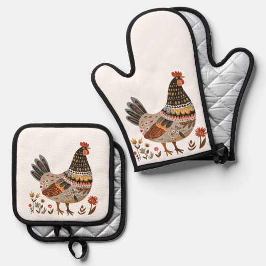 Kleurrijke Hen Scandi Folk Art Ovenwant & Pannenlap Set (Voorkant / Achterkant)