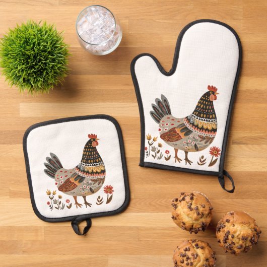 Kleurrijke Hen Scandi Folk Art Ovenwant & Pannenlap Set (Top down)