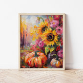 Kleurrijke Herfst Bloemen en Pompoenen Poster