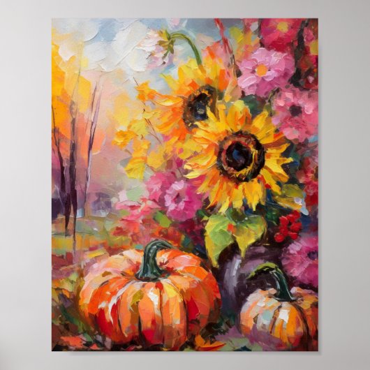 Kleurrijke Herfst Bloemen en Pompoenen Poster (Voorkant)